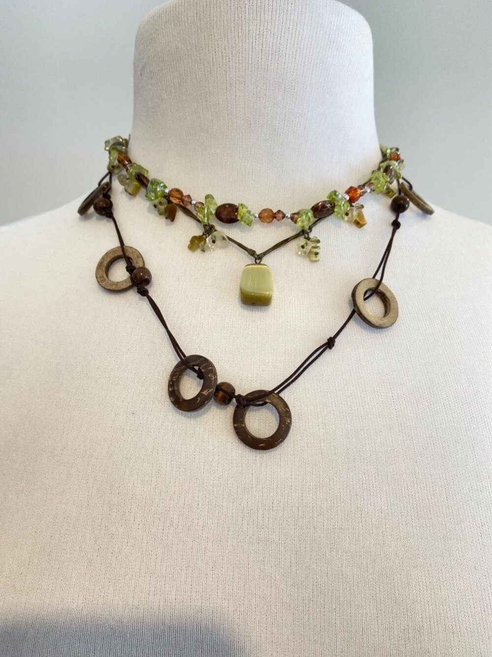 Boho Layered Necklace 3 pieces Set With Brown & Green Beads Natural Stone Multi